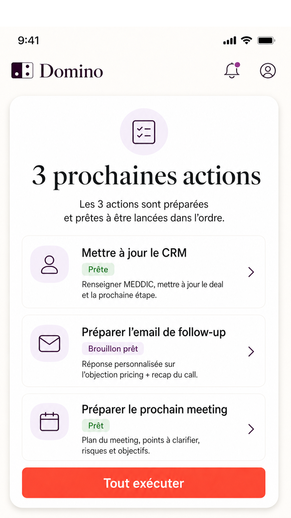 Domino interface showing 3 next actions proposed after a sales call