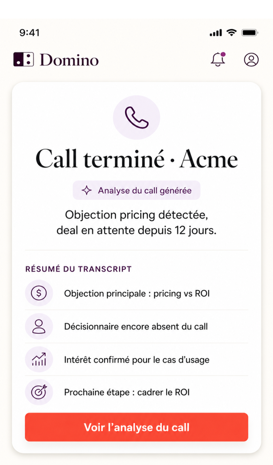 Domino interface showing 3 next actions proposed after a sales call